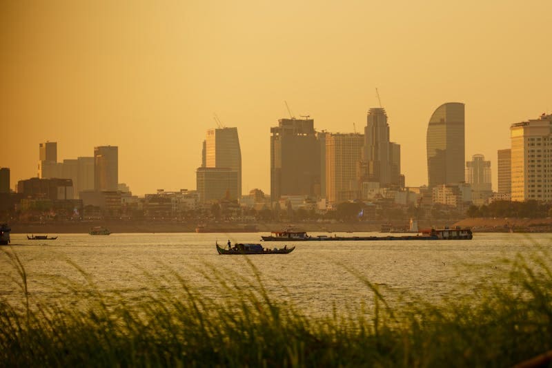 Phnom Penh skyline riverside sunset
